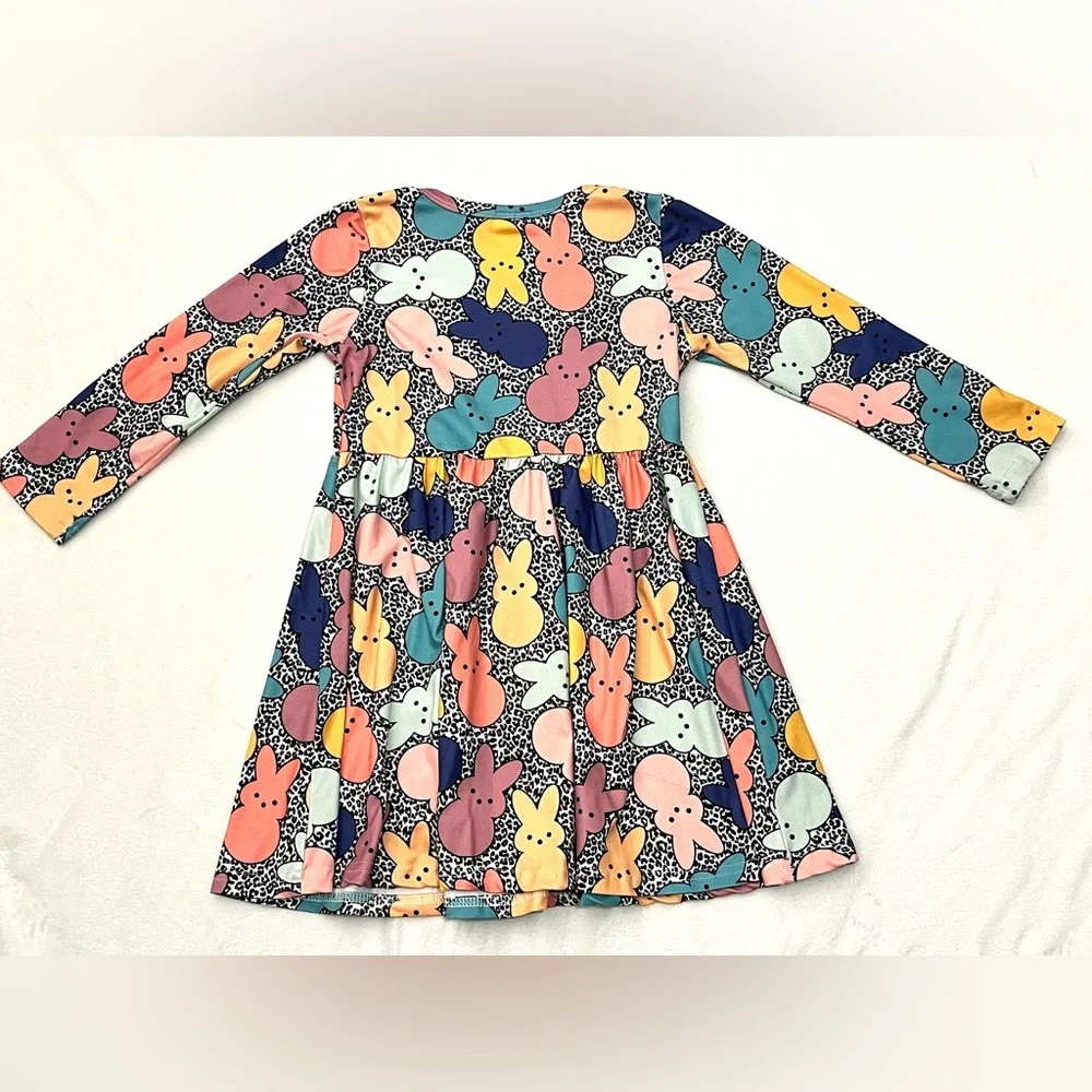 Bunny Peeps Colorful Print Kids Long Sleeve Cotton Blend Dress Size 4T - Picture 10 of 12